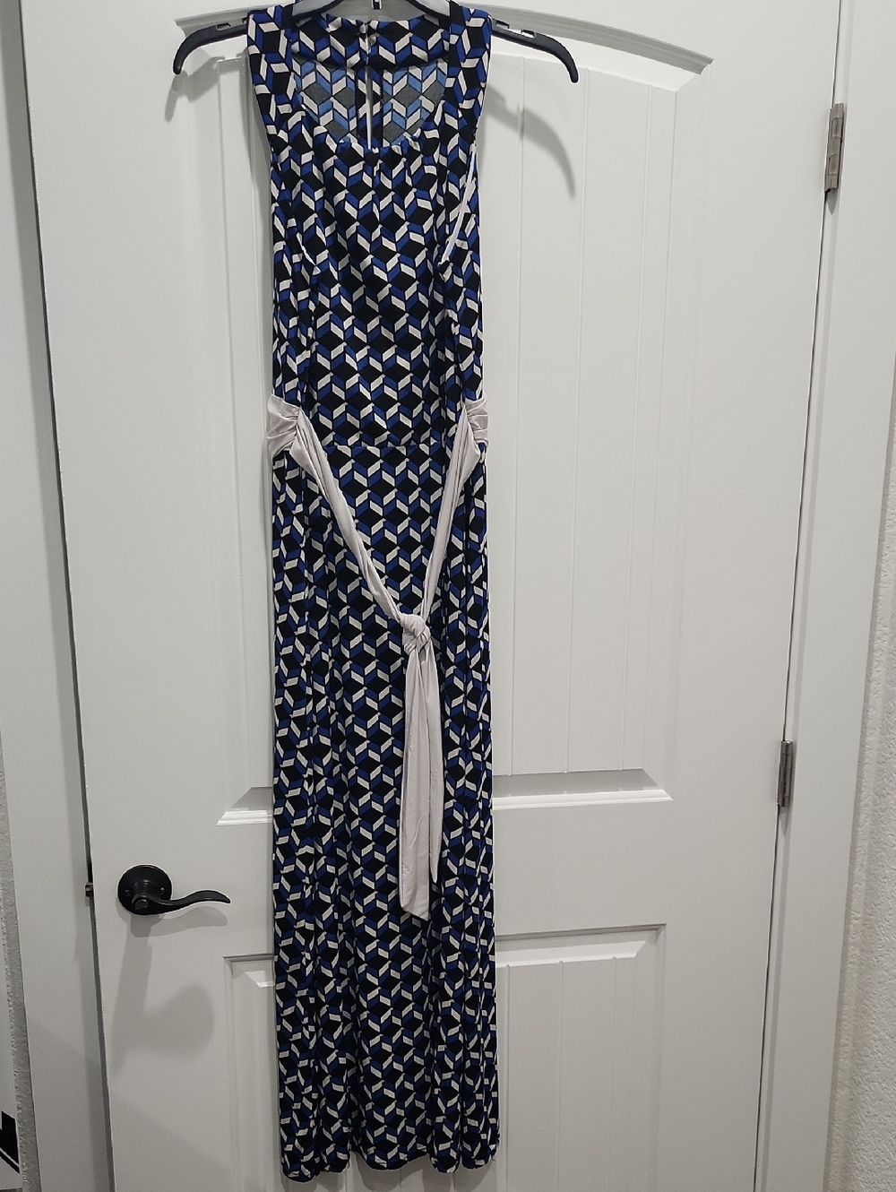 Geometric Royal Blue and White Maxi Dress with Ivory Tie
